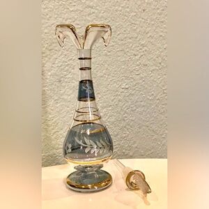 Hand Blown Glass Perfume Bottle Etched with Floral Design & Gold Trims